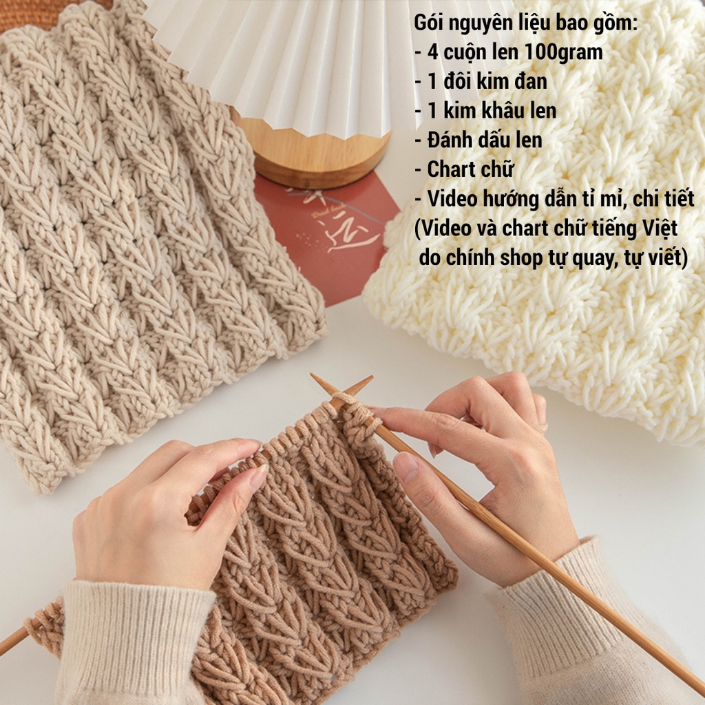 Gói nguyên liệu đan khăn kit đan khăn có video chart chữ