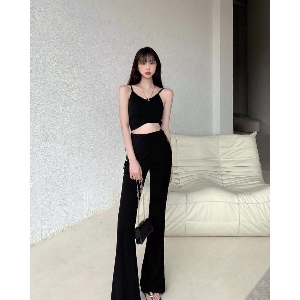 Quần Ống Loe Lưng Cao Màu Trơn Cho Nữ