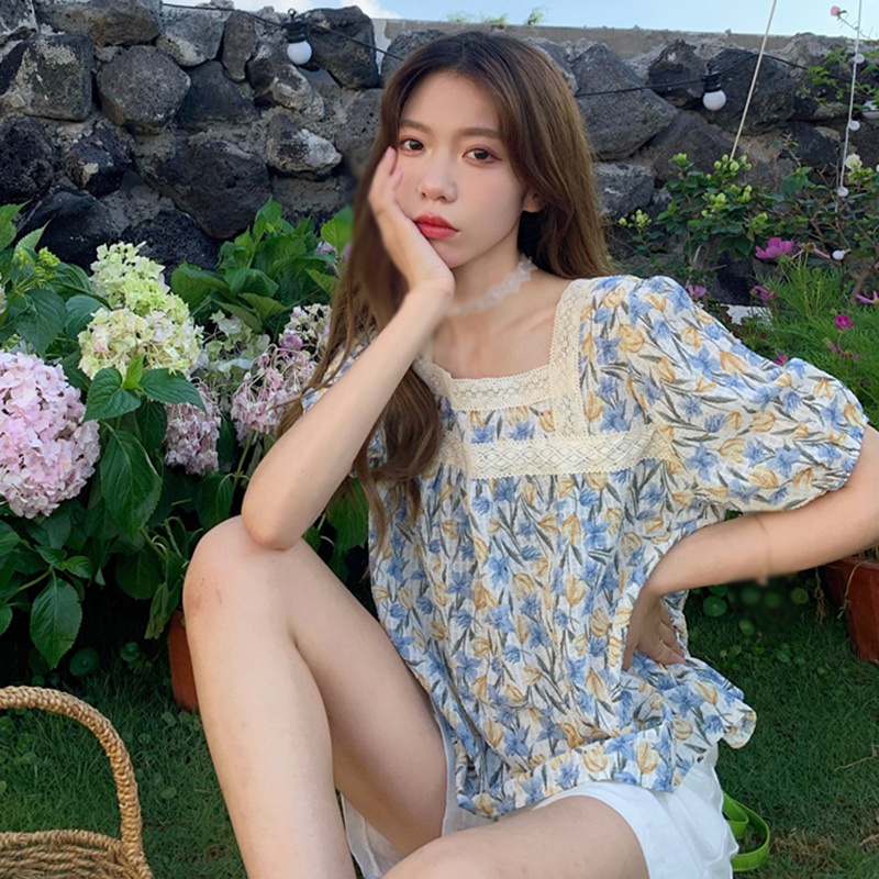 Áo Chiffon Tay Ngắn Cổ Vuông Phối Ren In Họa Tiết Hoa Phong Cách Hàn Quốc Thời Trang Cho Nữ