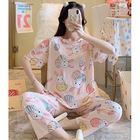 Set đồ ngủ tay ngắn quần dài thỏ Trắng DN126 (có ảnh thật)