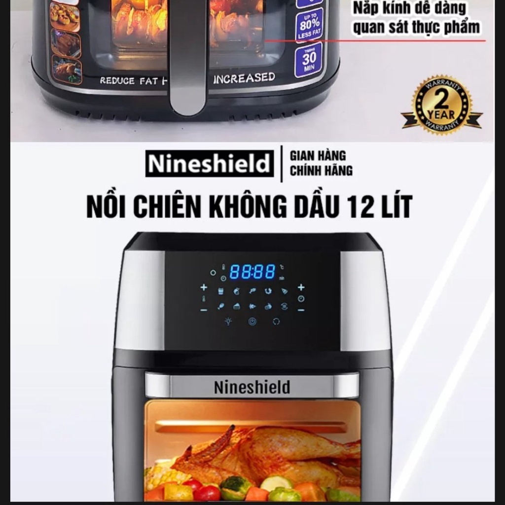Nồi Chiên Không Dầu Nineshield 12l KB-1201 Bảo Hành 12 Tháng, Nồi Ko Dầu Nấu Cho Cả Nhà