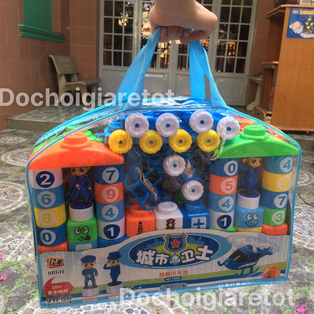 Túi xếp hình cảnh sát 91pcs, đồ chơi lắp ráp xếp hình có ô tô,máy bay cho bé sáng tạo vừa học vừa chơi