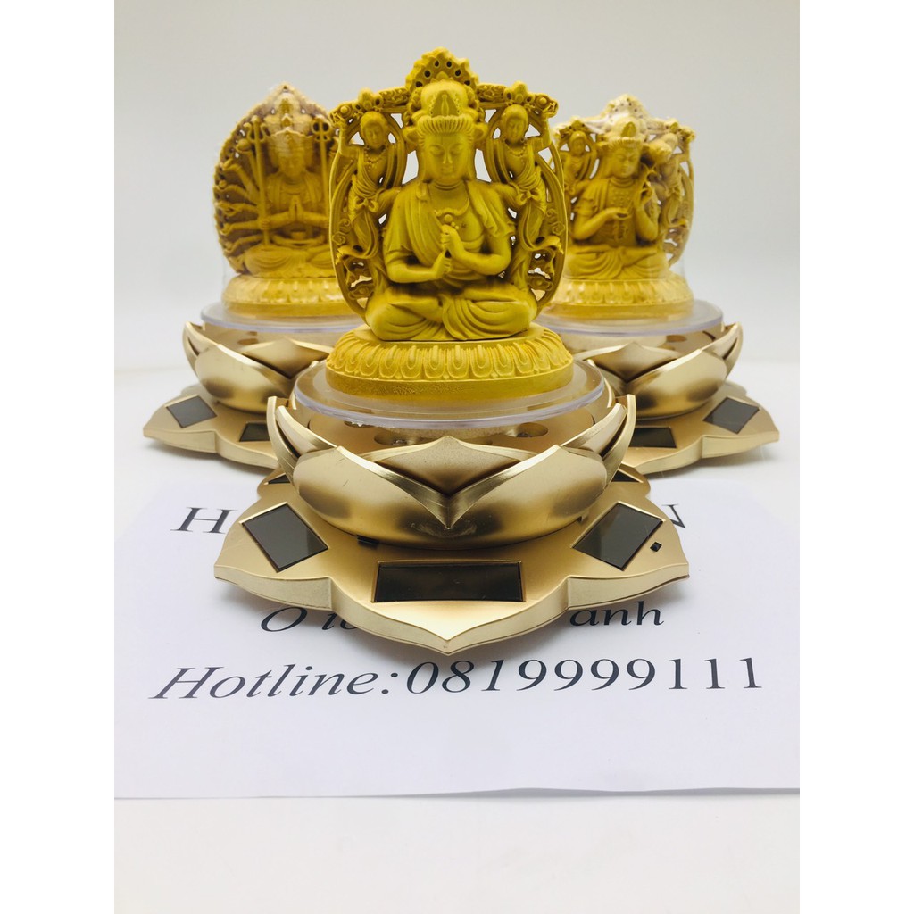 Tượng phật BẢN MỆNH gỗ Hoàng Dương độ theo tuổi kèm đài sen xoay năng lượng mặt trời phong thủy