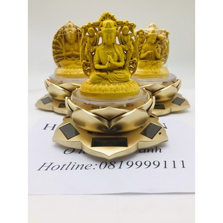 Tượng phật BẢN MỆNH gỗ Hoàng Dương độ theo tuổi kèm đài sen xoay năng lượng mặt trời phong thủy