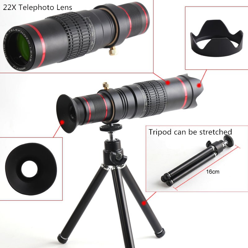 Cell Phone Camera Lens, 22X Optical Manual Focus Telephoto Lens Kit with Mini Flexible Tripod