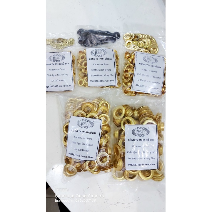 Khoen ore mắt cáo 4mm,5mm,6mm,8mm,10mm,12mm,14mm Bằng sắt xi màu VÀNG Khuy oze mắt cáo bấm bạt, túi giấy Túi 100 cái
