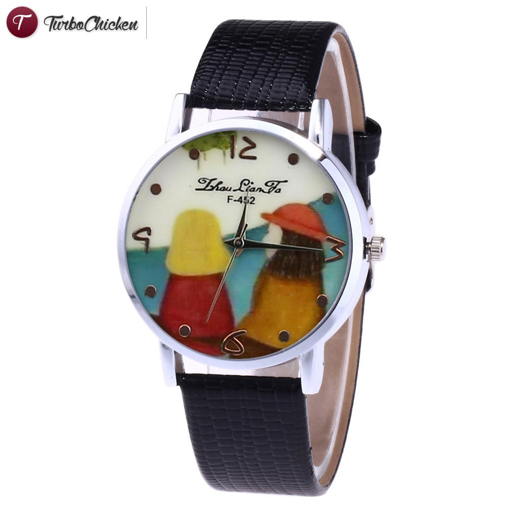 #Đồng hồ đeo tay# Fashion Couple Watches Simple Quartz Watch Leather Band Round Dial Cute Cartoon Printed Casual Watches