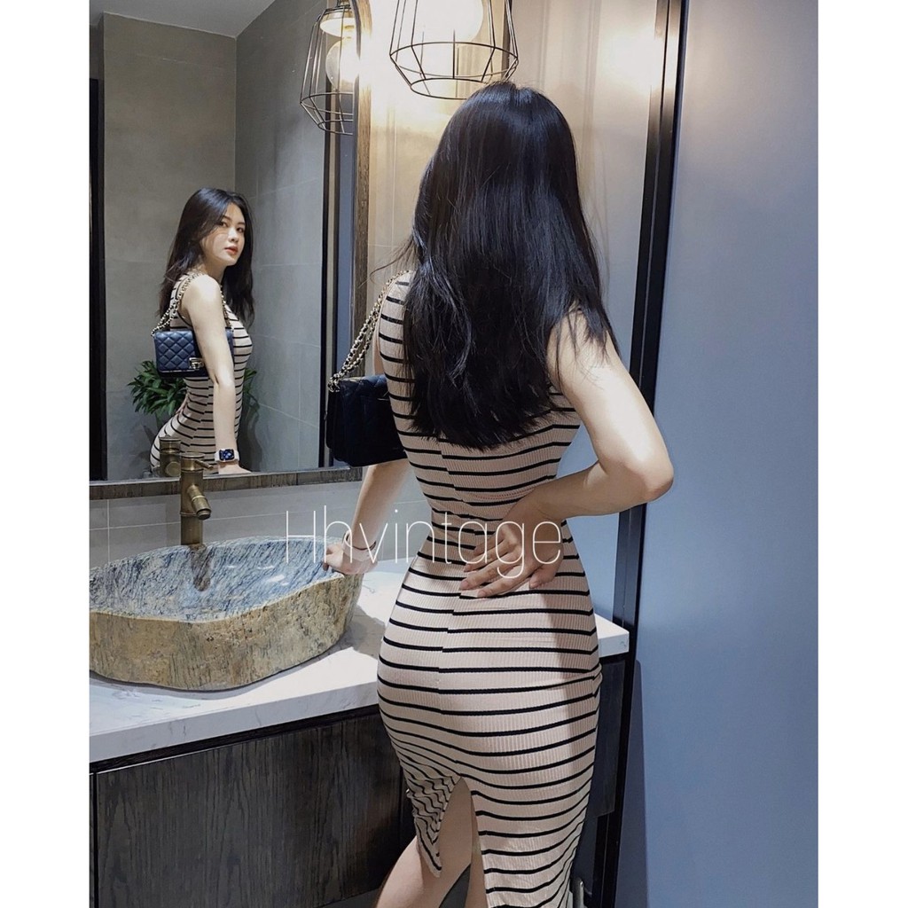 Đầm body nữ HHVINTAGE kiểu sát nách, xẻ phía sau