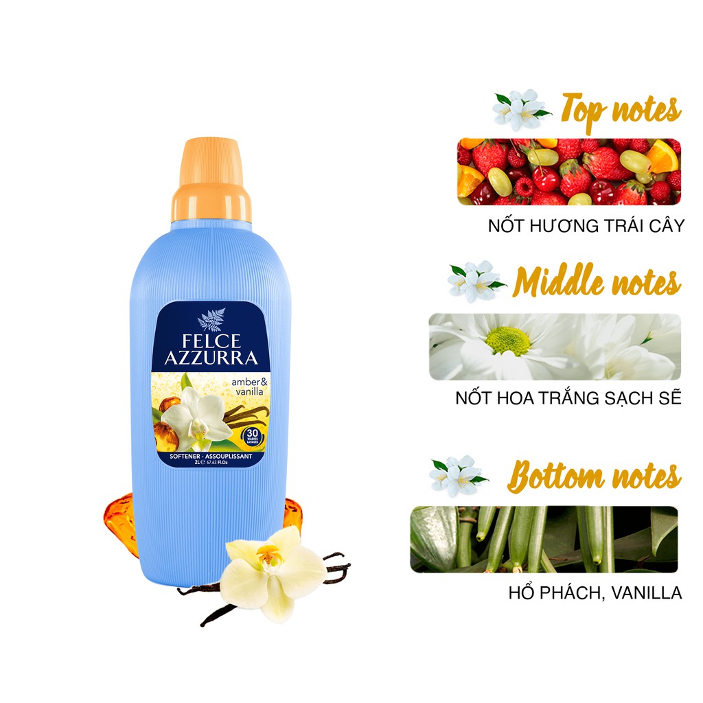 Nước xả vải hương nước hoa Ý Felce Azzurra siêu thơm mềm mại 2L, thơm hương cỏ sả, vanilla, hoa hồng, phấn talc