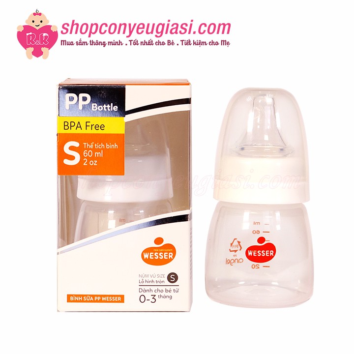 Bình Sữa Wesser PP Cổ Hẹp 60ml - Kèm Núm Ti Size S, 0-3m - Màu Ngẫu Nhiên