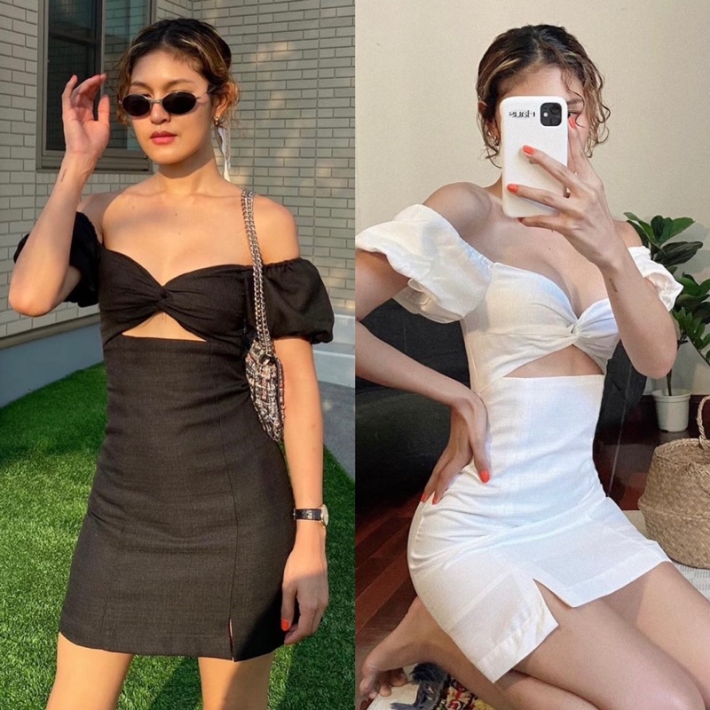 Đầm xoắn ngực cut-out eo tay phồng