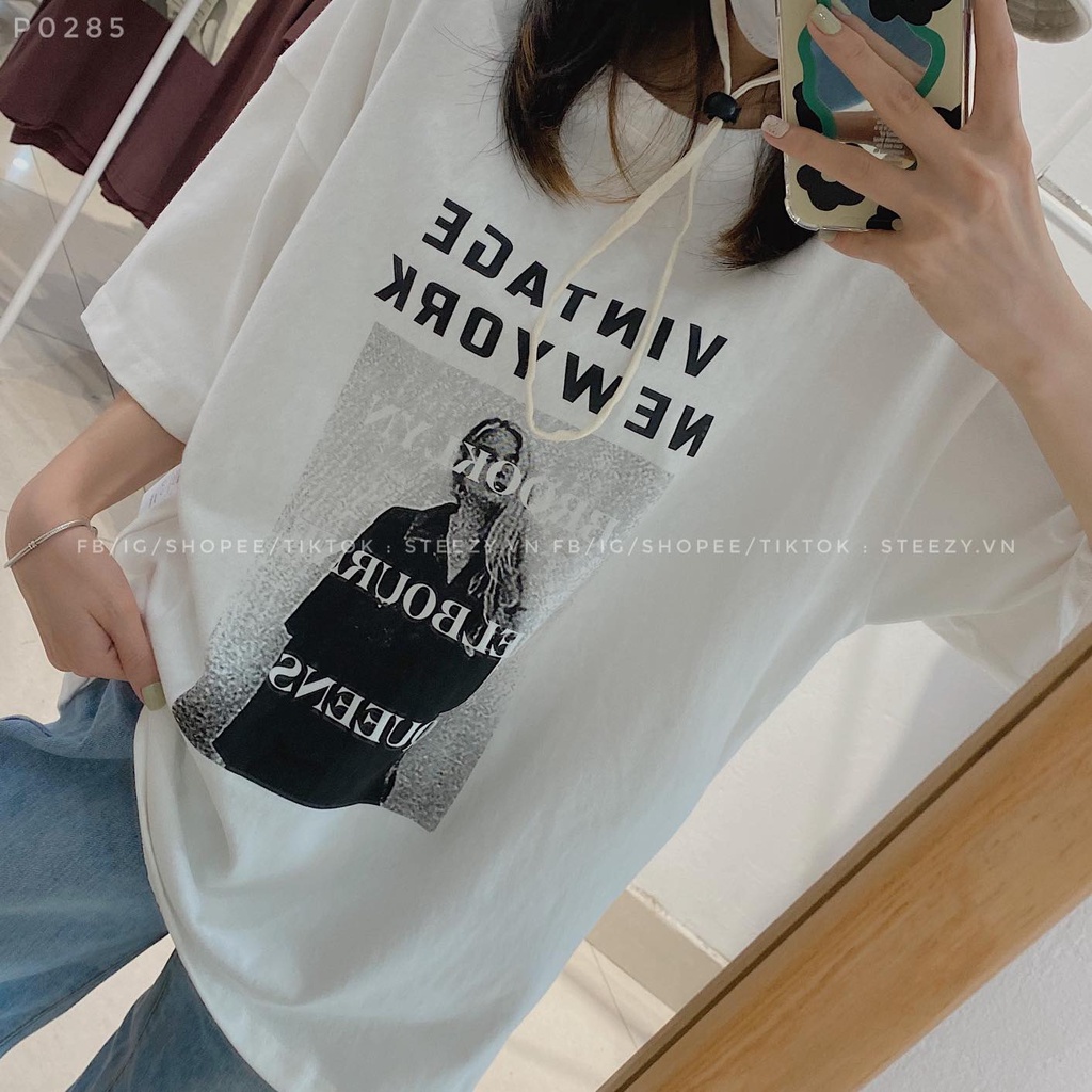 [P0285] Áo thun cotton mặt lông dày in hình cô gái chữ VINTAGE NEWYORK form rộng (Có sẵn/Ảnh thật)