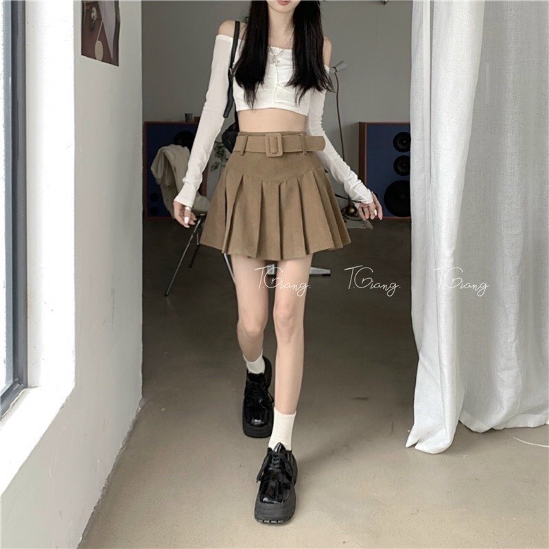 Chân váy ngắn vải Nhung kiểu xòe xếp ly đáng A kèm đai  lưng cao tôn dáng có lót quần bên trong H66