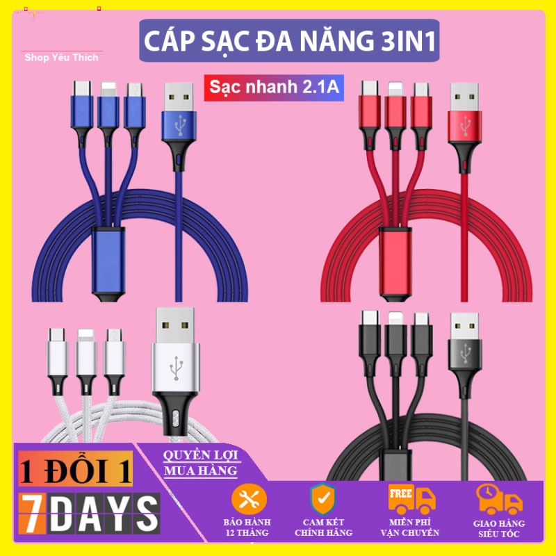 Cáp Sạc 3 Đầu - Cáp Sạc iphone/Type C/Lightning - Đa Năng - Chất Liệu Vải Dù Chắc Chắn, Đầu Chống Gãy Gập -Siêu Bền