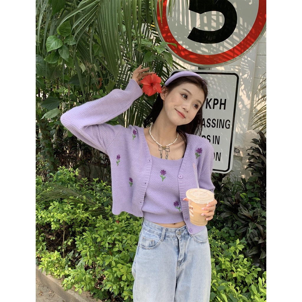 Bộ Áo Hai Dây Thêu Hoa + Áo Khoác Cardigan Dệt Kim Ngắn Thời Trang Hàn Quốc Cho Nữ