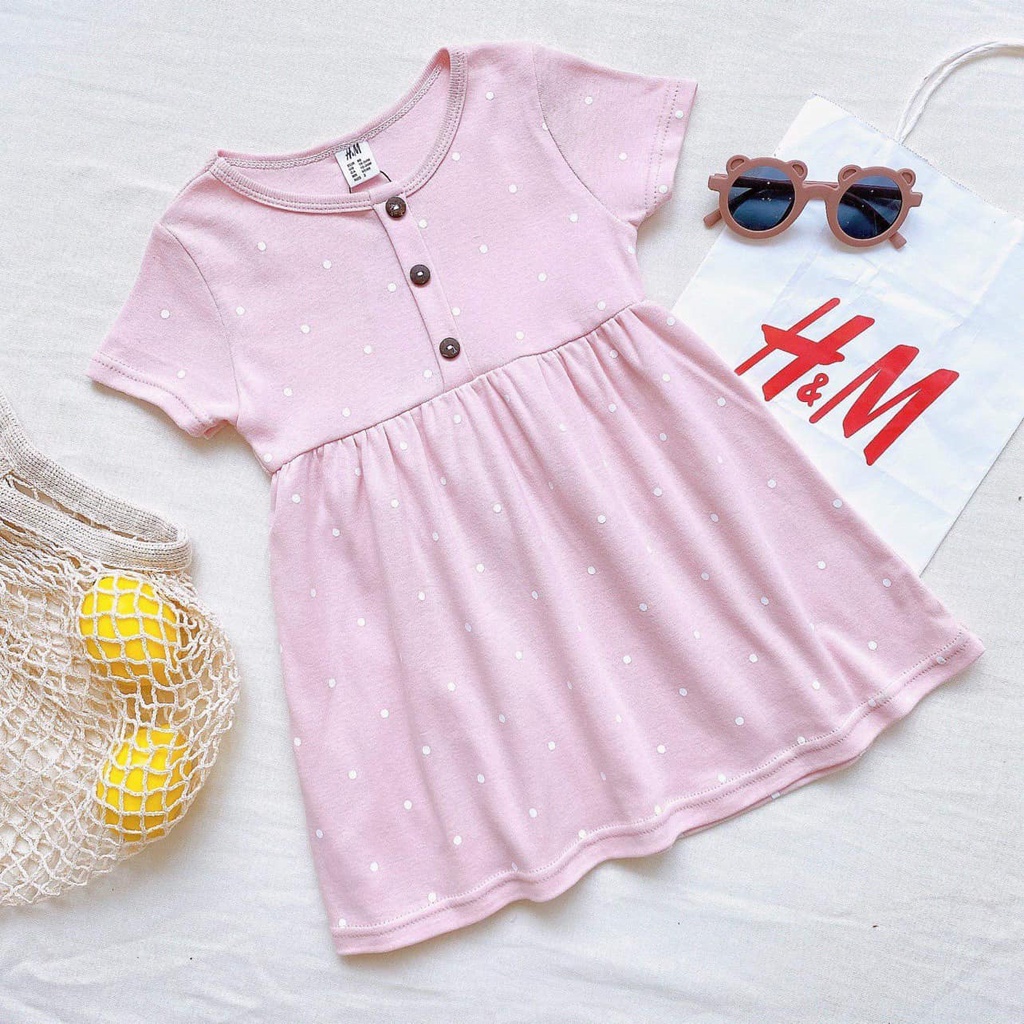 Váy bé gái combo 2 đầm baby doll cúc ngực hồng trắng