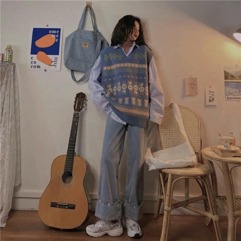 set áo gile len sơ mi kẻ