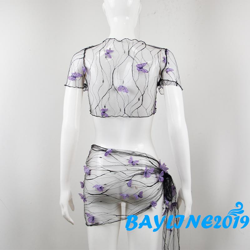Bộ Đồ Bơi Áo Croptop Tay Ngắn Phối Chân Váy Lưới Mỏng Ba Chiều Trang Trí Hình Bướm Dành Cho Bạn Nữ