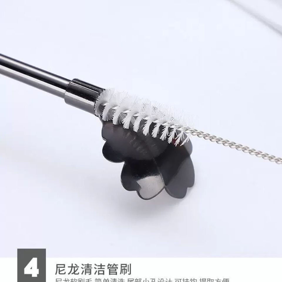 Ống hút kiêm muỗng khuấy trà sữa/cà phê 2 trong 1 bằng thép không gỉ dùng trong nhà bếp kèm cọ vệ sinh ống hút