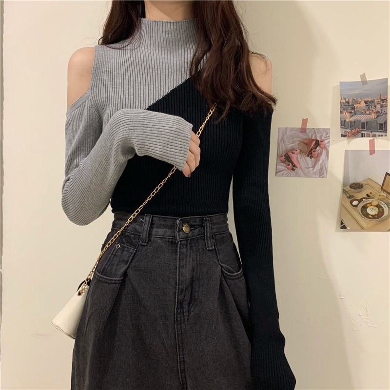 Áo Dệt Kim Tay Dài Cổ Lọ Phối Màu Tương Phản Phong Cách Hàn Quốc Thời Trang Mùa Đông Cho Nữ