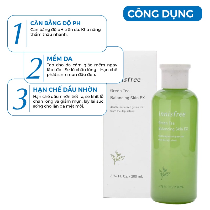 Nước hoa hồng chiết xuất từ trà Xanh Innisfree Green Tea Skin EX 200ml [ Cam Kết Chuẩn Hàn Quốc]