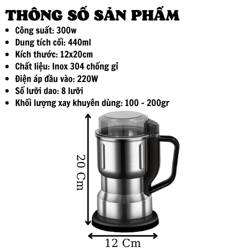 Máy xay bột khô Siêu Mịn Công Suất 300W, Máy xay hạt cà phê, xay bột ngũ cốc, xay gia vị - 8 Lưỡi dao