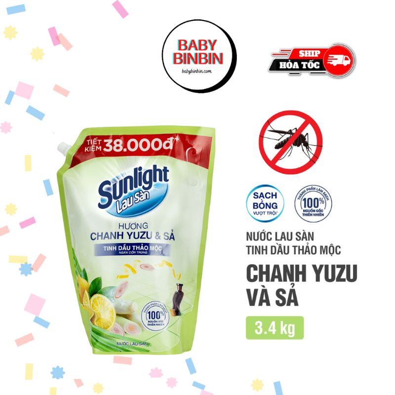Nước lau sàn nhà Sunlight hương Chanh sả/ Hoa Lily / Hoa hạ Bạc Hà/ Dịu nhẹ/ Quế túi 3.4kg