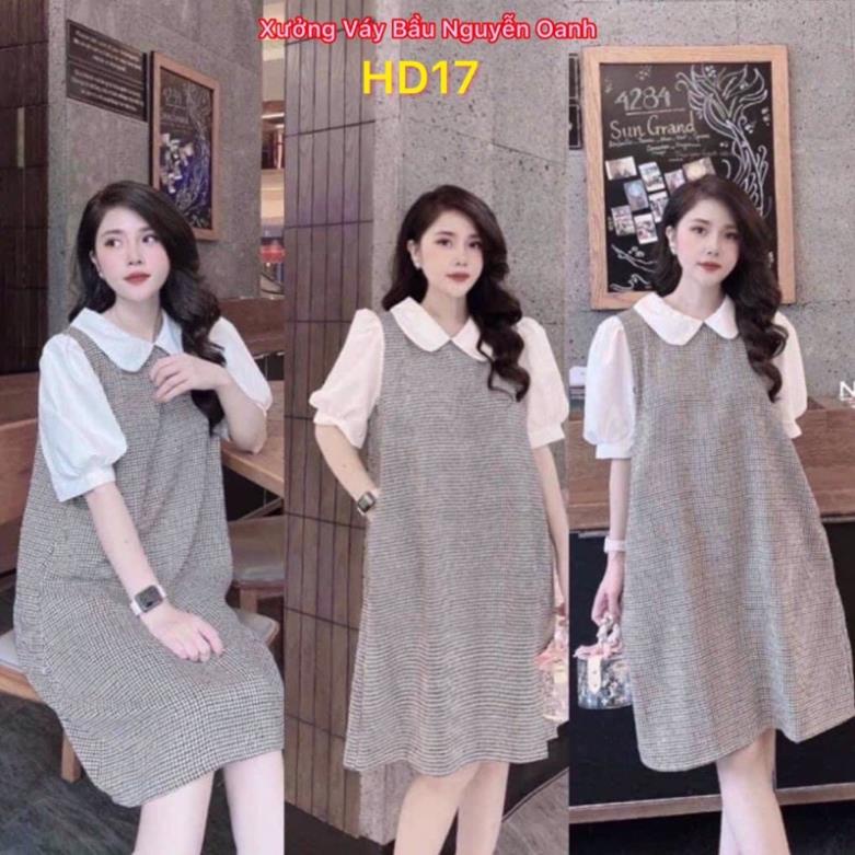 Váy bầu công sở cổ sen tay bèo kẻ Caro nhí Form đứng thon gọn - chất vải đũi Thái cao cấp ( Mã HD13)