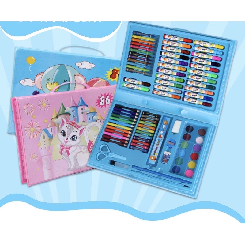 Hộp Bút Tô Màu 86 chi tiết cho bé tập vẽ-gồm màu dạ, màu sáp, chì màu, phụ kiện. kéo, tẩy, thước