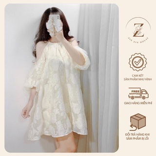 Váy yếm khoét vai siêu xinh (ảnh thật)  Đầm cổ yếm gấm họa tiết nổi dáng suông babydoll  M2