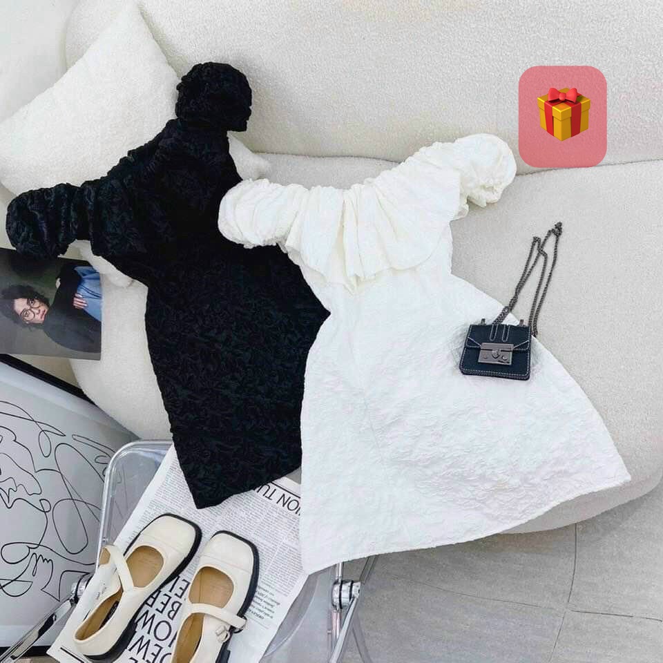 Đầm xốp trễ vai viền bèo dáng xòe nhẹ cực sexy , chất xốp mềm mịn