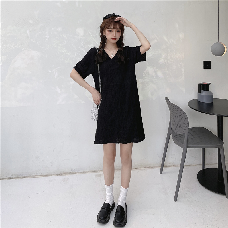 SUXI Đầm midi tay ngắn thiết kế cổ chữ V phong cách trẻ trung