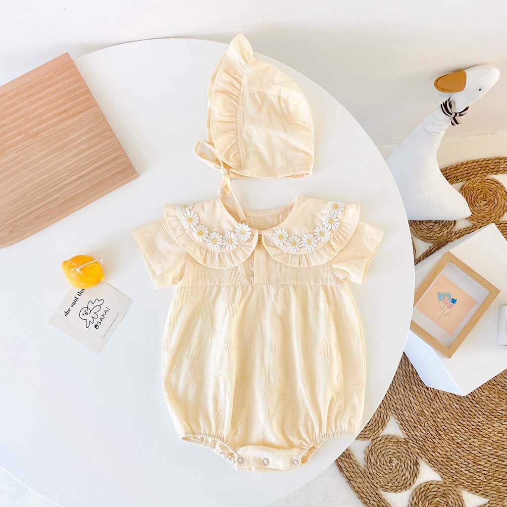 Bộ Áo Liền Quần Bằng Cotton Tay Ngắn Phối Ren Thời Trang Mùa Hè Cho Bé Gái Sơ Sinh 2128