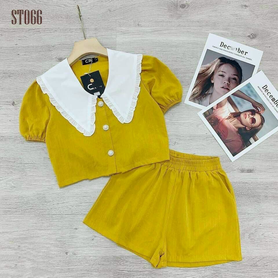 Set bộ đùi áo cổ vạt trắng có hàng nút thoải mái mặc ngày hè