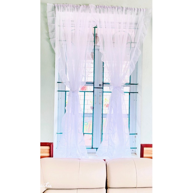 Rèm Màn Dán hoặc Xỏ Cây Voan Trắng Có Bèo Viền Không Cần Khoan Tường