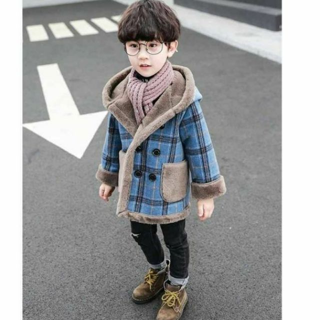 Áo dạ cao cấp có mũ lông ấm cho bé trai - Gái