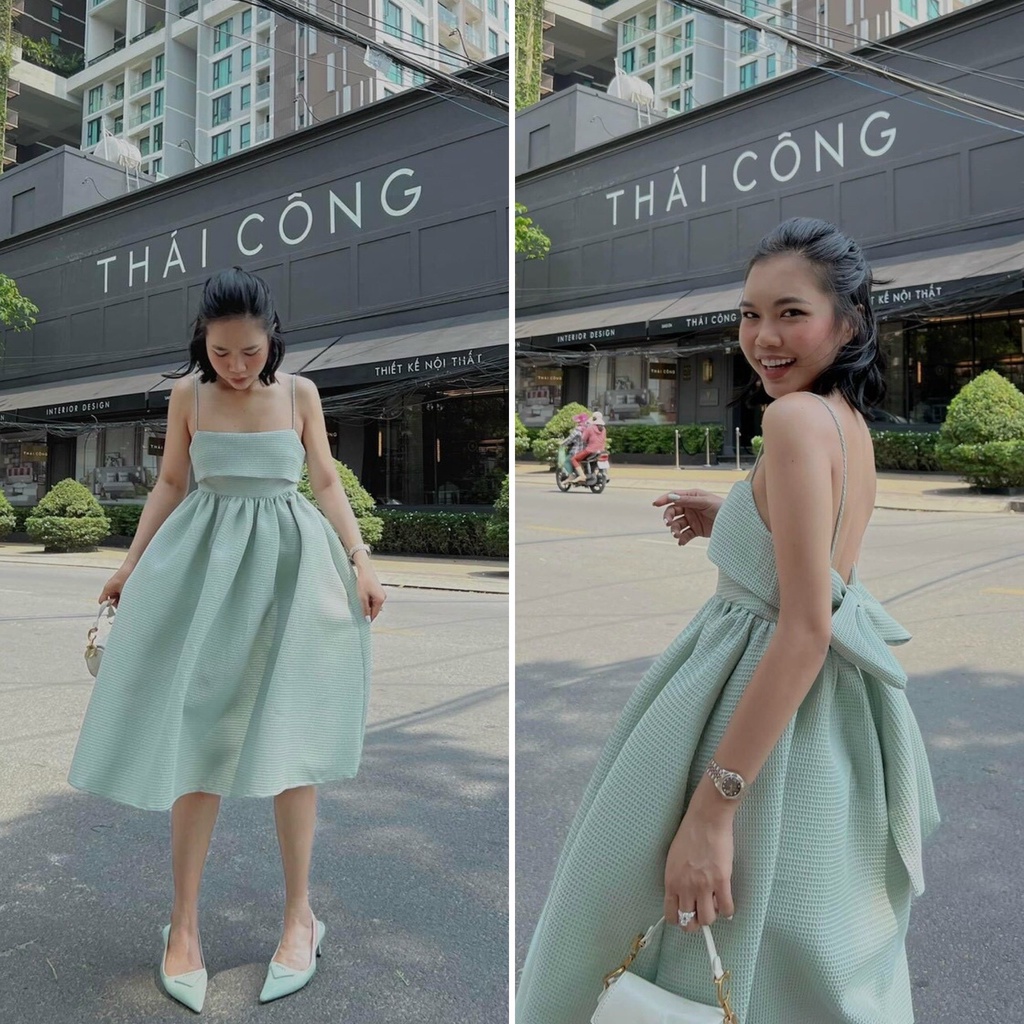 Đầm xốp 2 dây nơ lưng gấm 💖 KÈM ẢNH THẬT