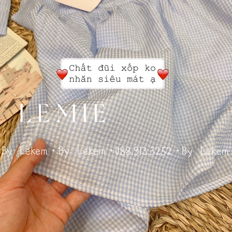 Set style Hàn Quốc S.047, Set áo babydoll hai dây thắt nơ kẻ xanh và quần short trắng cực xinh 🦋