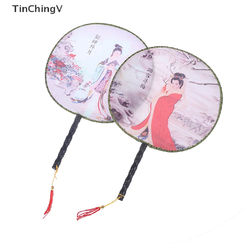 Quạt Lụa Cầm Tay Dáng Tròn In Họa Tiết Phong Cách Trung Hoa Cổ Điển