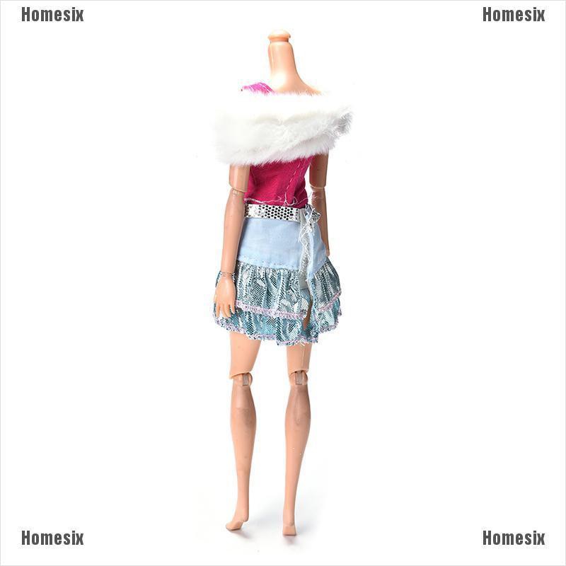 [HoMSI] 3 Pcs/Set White Fur Collar Skirt Suit for Barbie Dolls Pink Vest Fashion Clothes SUU