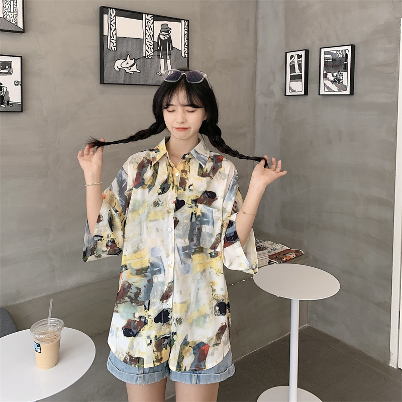 SUXI Áo Sơ Mi Tay Ngắn In Họa Tiết Phong Cách Retro Hàn Quốc