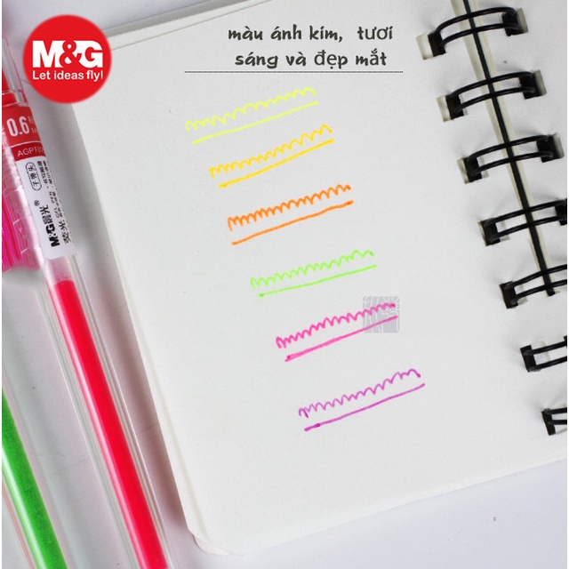 Hộp 6 cây bút bi nước mực gel bấm AGPT 0702 nhiều màu 0.6mm M&G xinh xắn 6 màu nhanh khô lâu hết mực