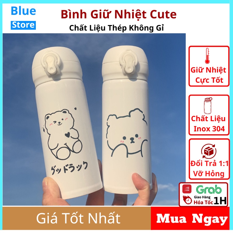 Bình giữ nhiệt mini cho bé đi học chất liệu INOX 304 cute dung tích 350ml/500ml thép không gỉ dễ thương-BlueStore