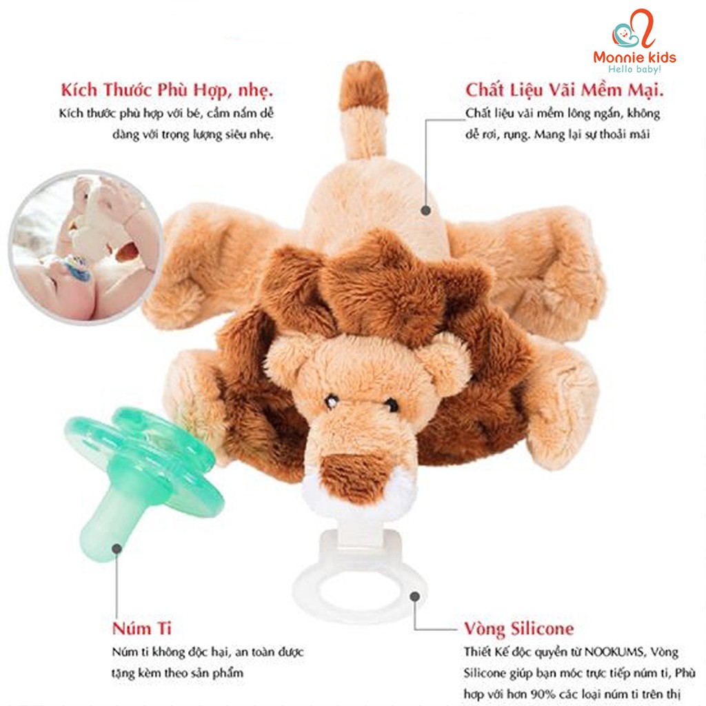 Ti giả silione cho bé NOOKUMS USA, ty giả silicone kèm đồ chơi thú nhồi bông - Monnie Kids