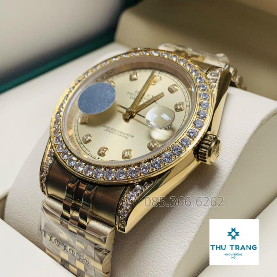 Đồng hồ nam Đồng hồ cơ Rolex mẫu mặt vàng Viền và Tai quai đính đá size 40-41mm