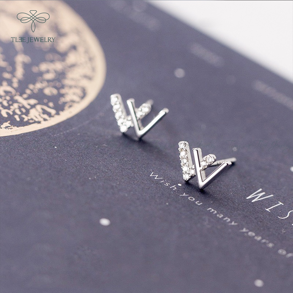 Khuyên tai bạc TLEE chữ W kép nạm đá nửa cao cấp NCJ B0176