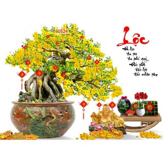 Tranh dán tường 3D _ tranh hoa mai_ tranh chữ lộc chơi tết kt cao 1m x 1.5m