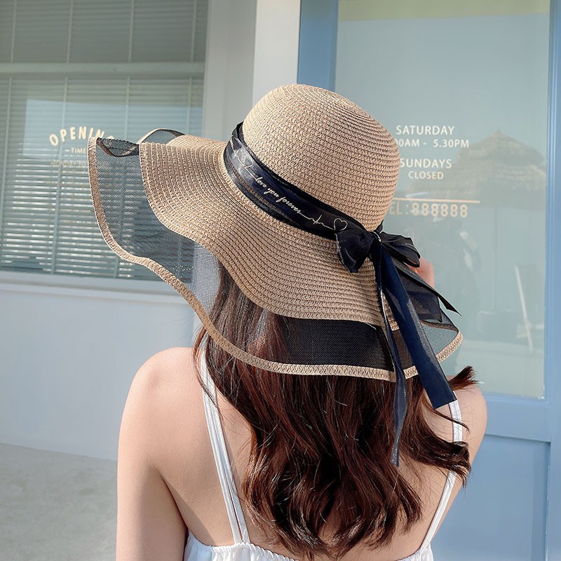 Nón cói rộng vành lượn sóng vành 12cm thắt nơ cói mềm thuận tiện gấp gọn bỏ túi xách