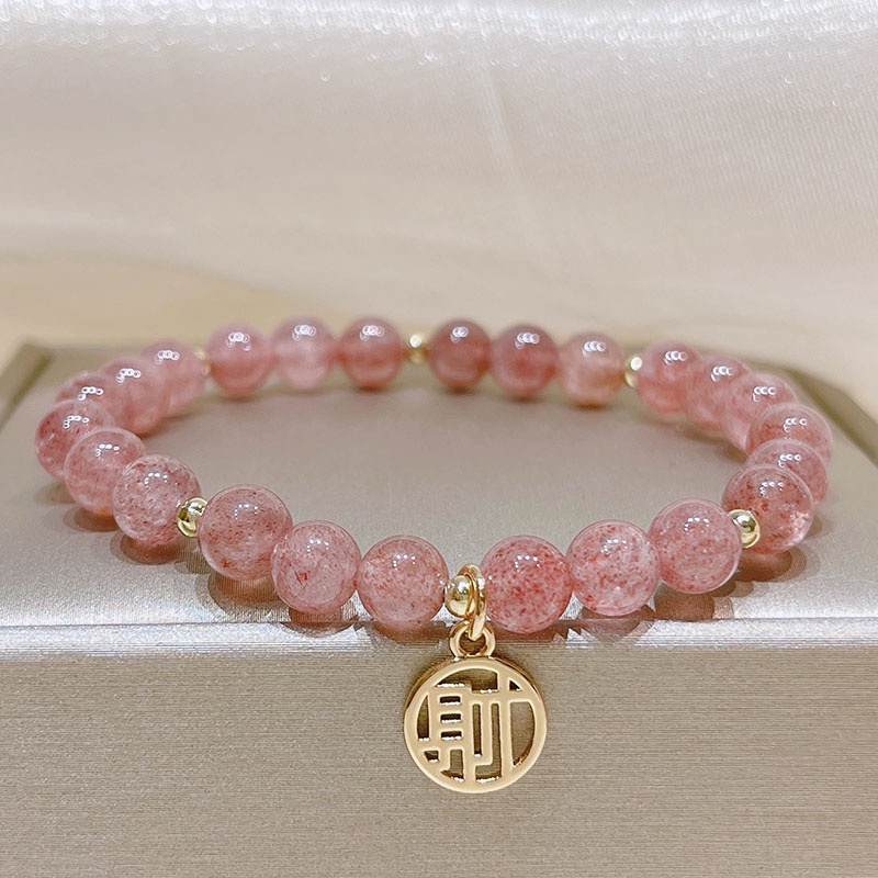 Vòng Tay Chuỗi Hạt Pha Lê May Mắn 6mm Họa Tiết Dâu Tây May Mắn