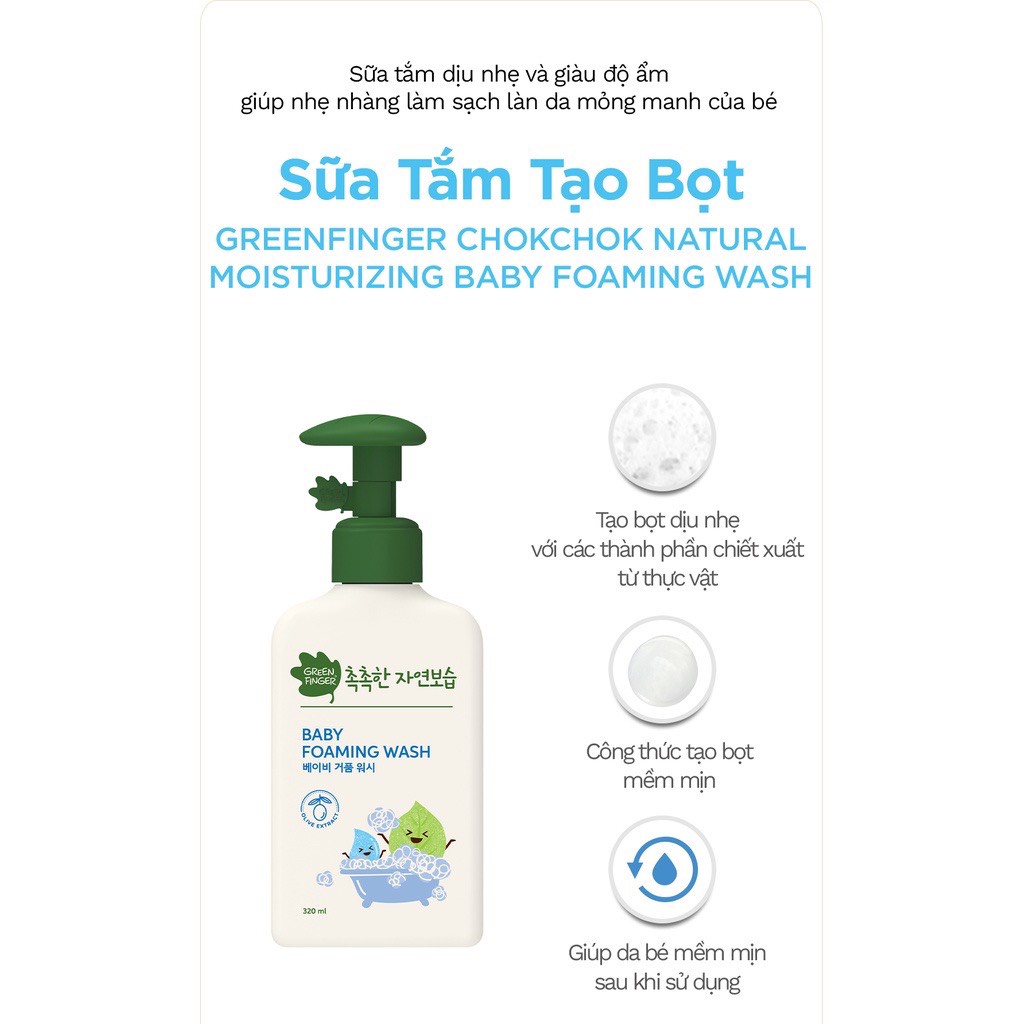 Sữa Tắm Tạo Bọt Tiết Kiệm Cho Bé 0-36 Tháng Greenfinger ChokChok Moisture Baby Foaming Wash 320ml